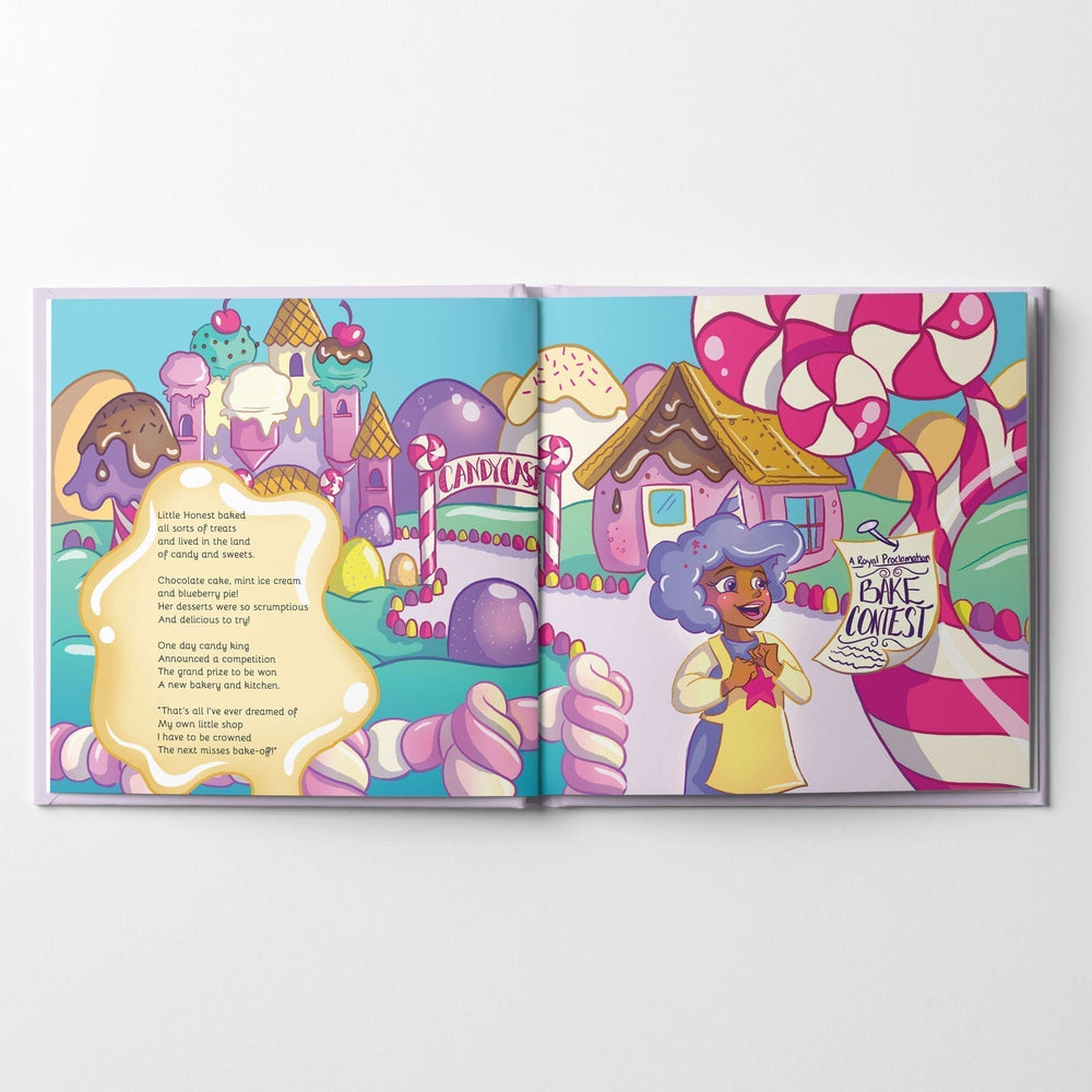 Inside spread from children's book Little Honest with a baker in candyland