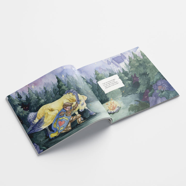 Inside spread from children's book Little Brave with a knight and his horse