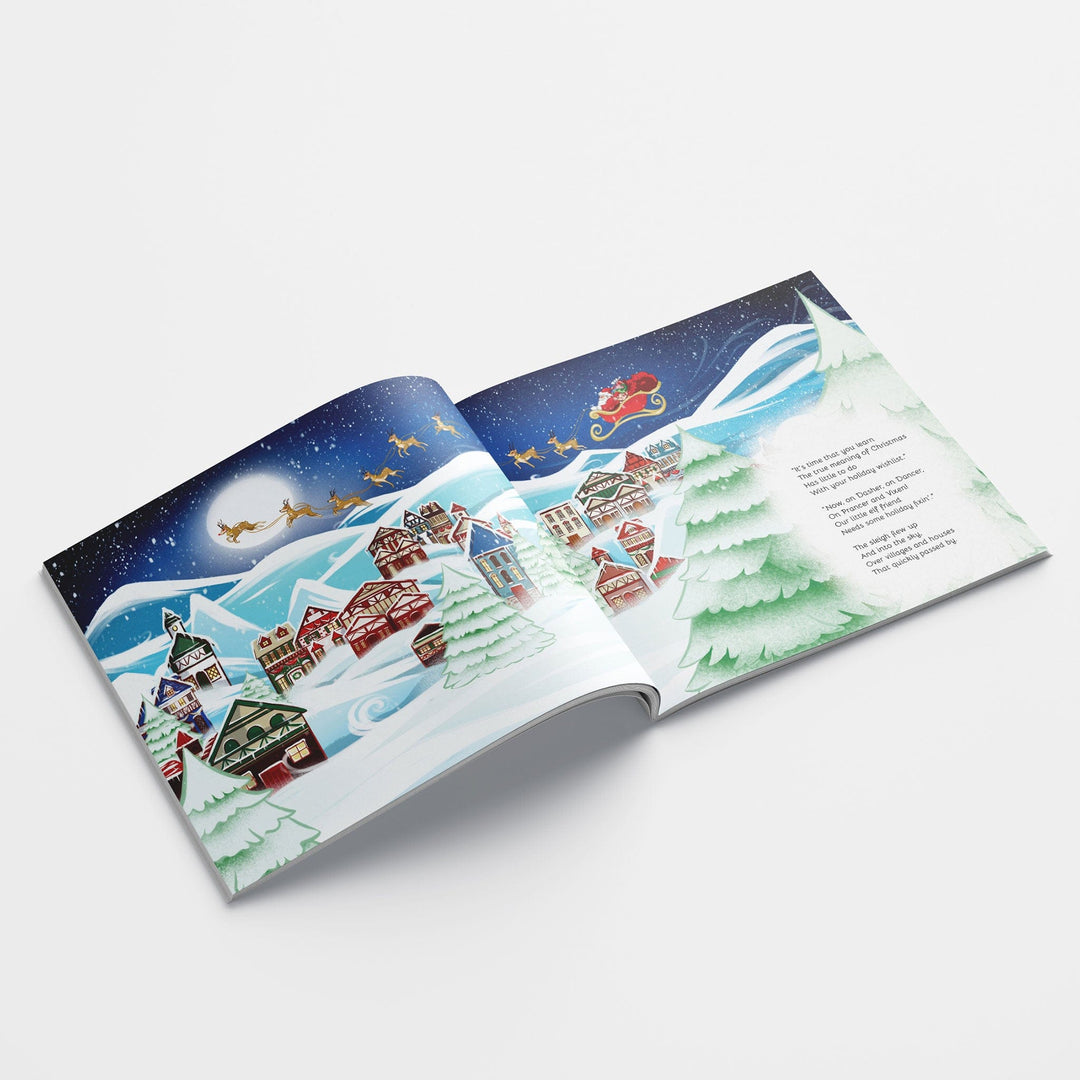 Inside spread from children's book Little Charity of Santa and his sleigh
