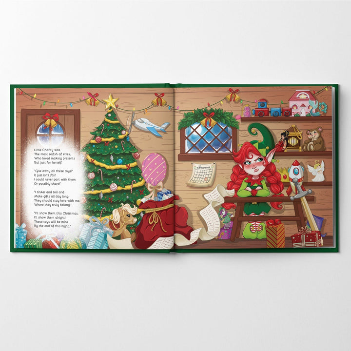 Inside spread of Little Charity with an elf in santa's workshop