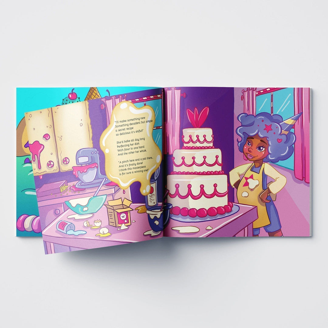 Inside spread from children's book Little Honest with a baker baking a cake