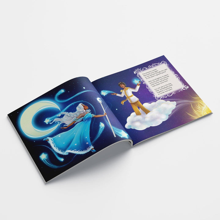 Inside spread from children's book Little Honor of the moon princess dancing in the sky