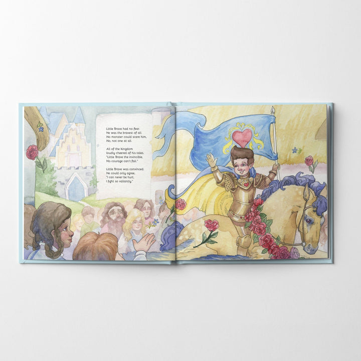 Inside spread from the children's book Little Brave with a knight riding through a parade