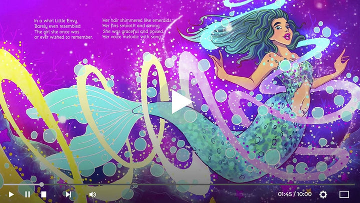Inside spread of the mermaid Little Envy swirled in magic