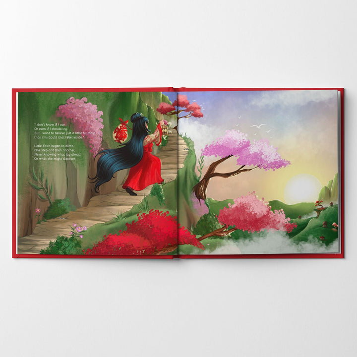 Inside spread of award-winning children's book Little Faith of a girl climbing a mountain