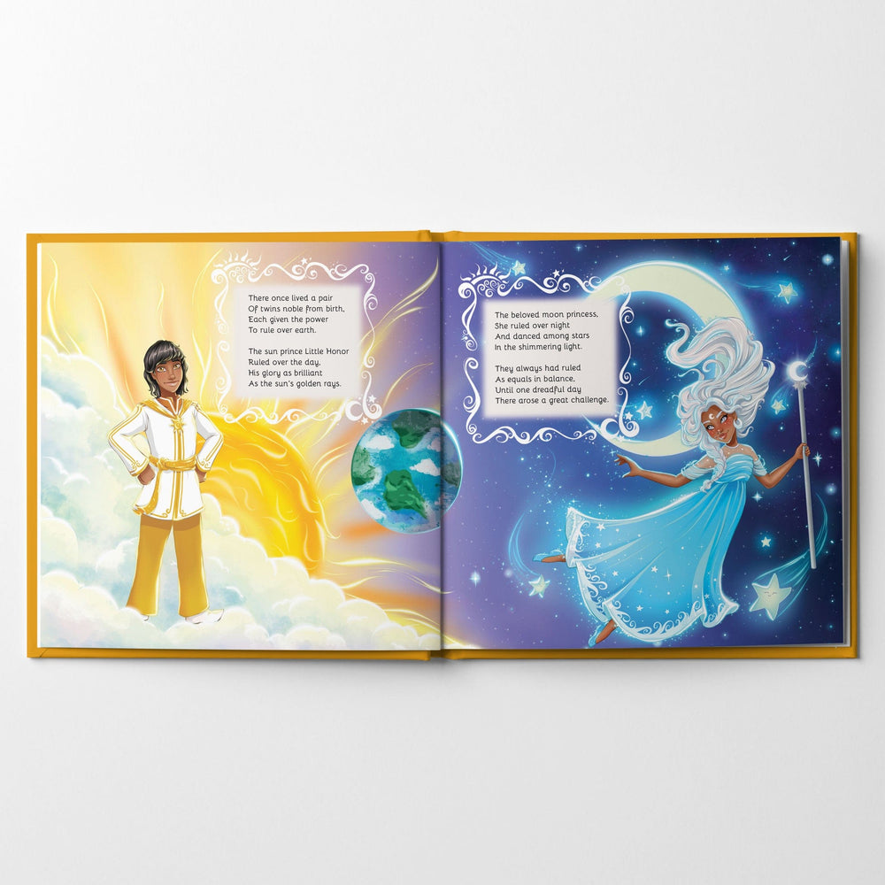 Inside spread from children's book Little Honor with a sun prince and moon princess in the sky
