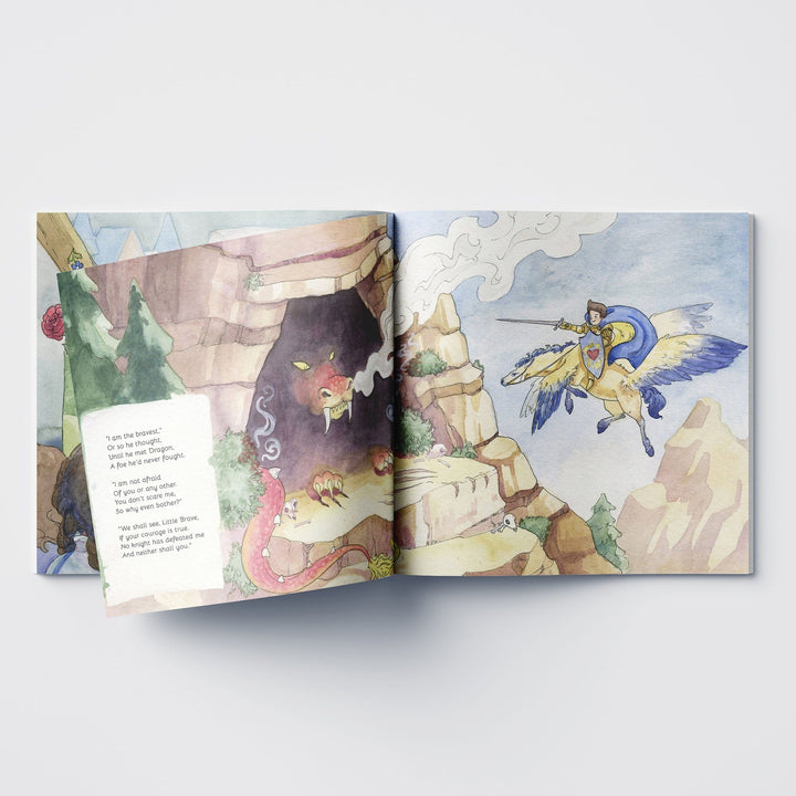 Inside spread from children's book Little Brave with a knight and dragon