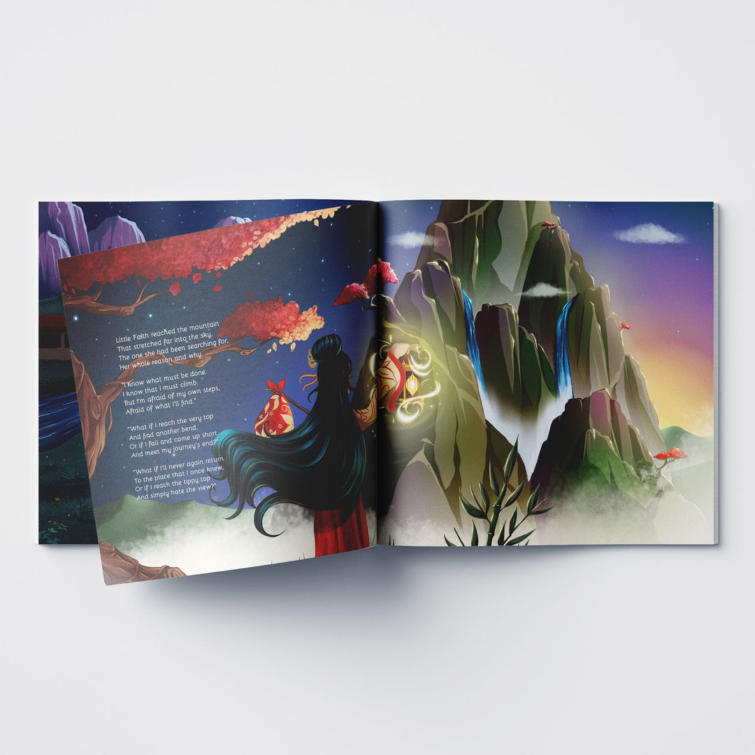 Inside spread from award-winning children's book Little Faith of a mountain