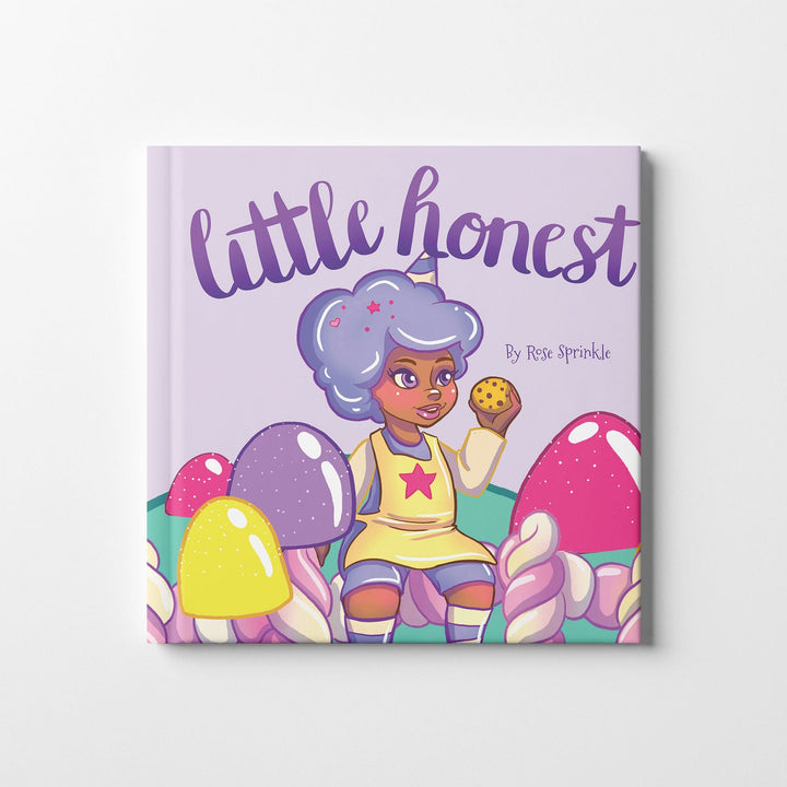 Cover of children's book Little Honest with a little girl in candyland