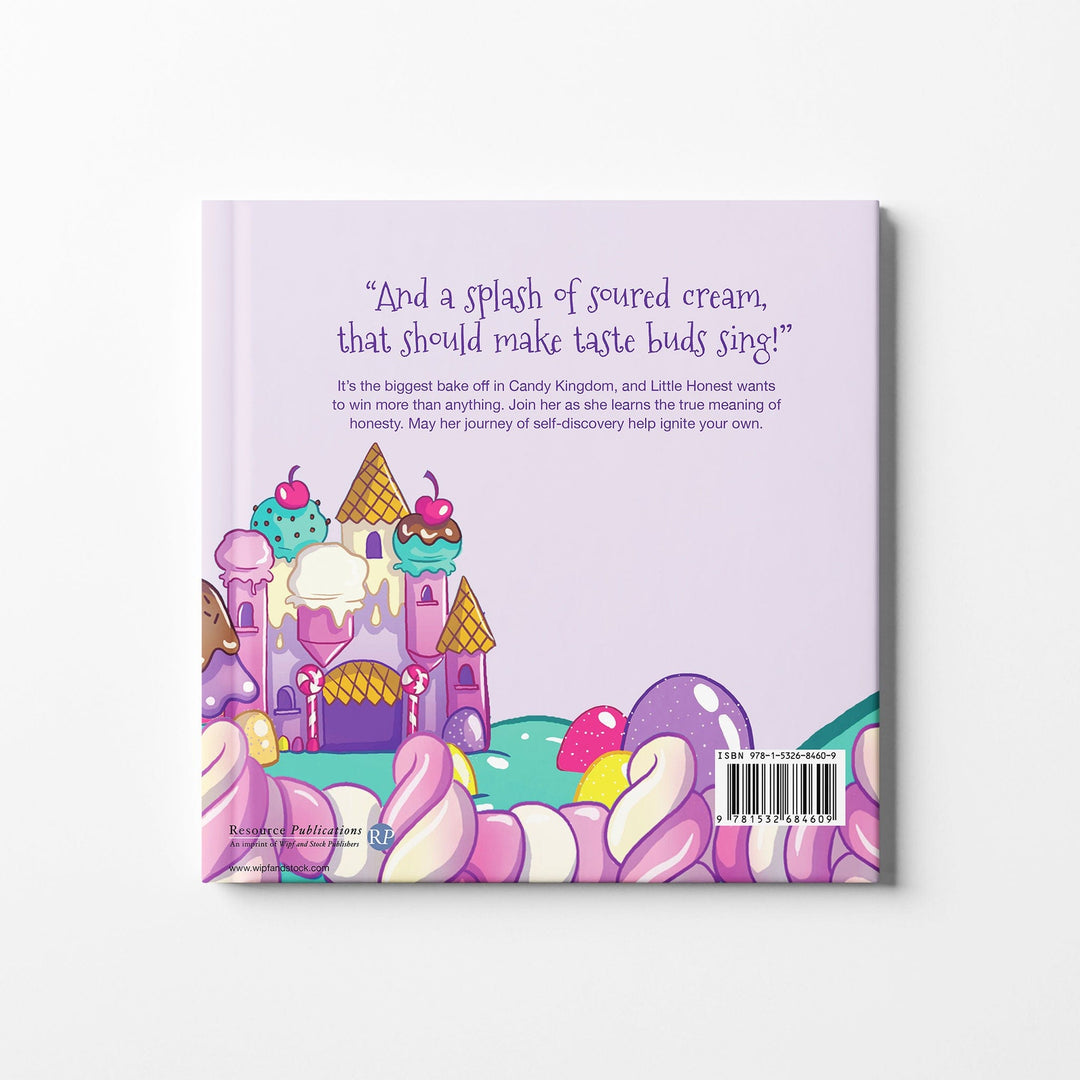 Back cover of children's book Little Honest with a candy castle
