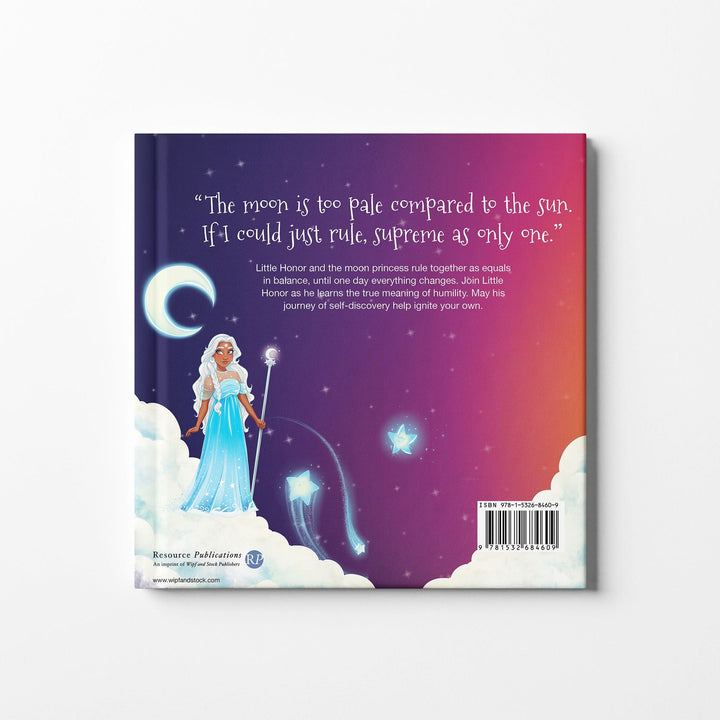 Back cover of children's book Little Honor with the moon princess and stars