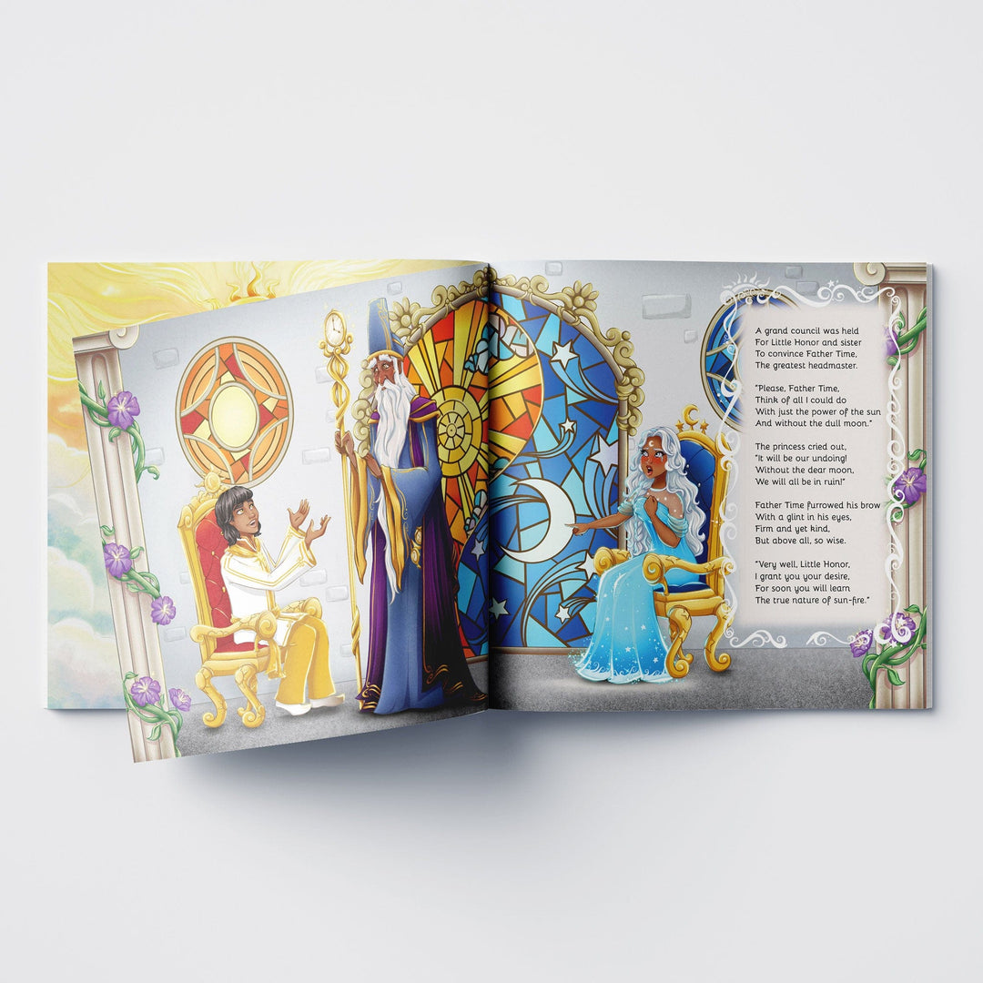 Inside spread from children's book Little Honor of the sun prince and moon princess and father time