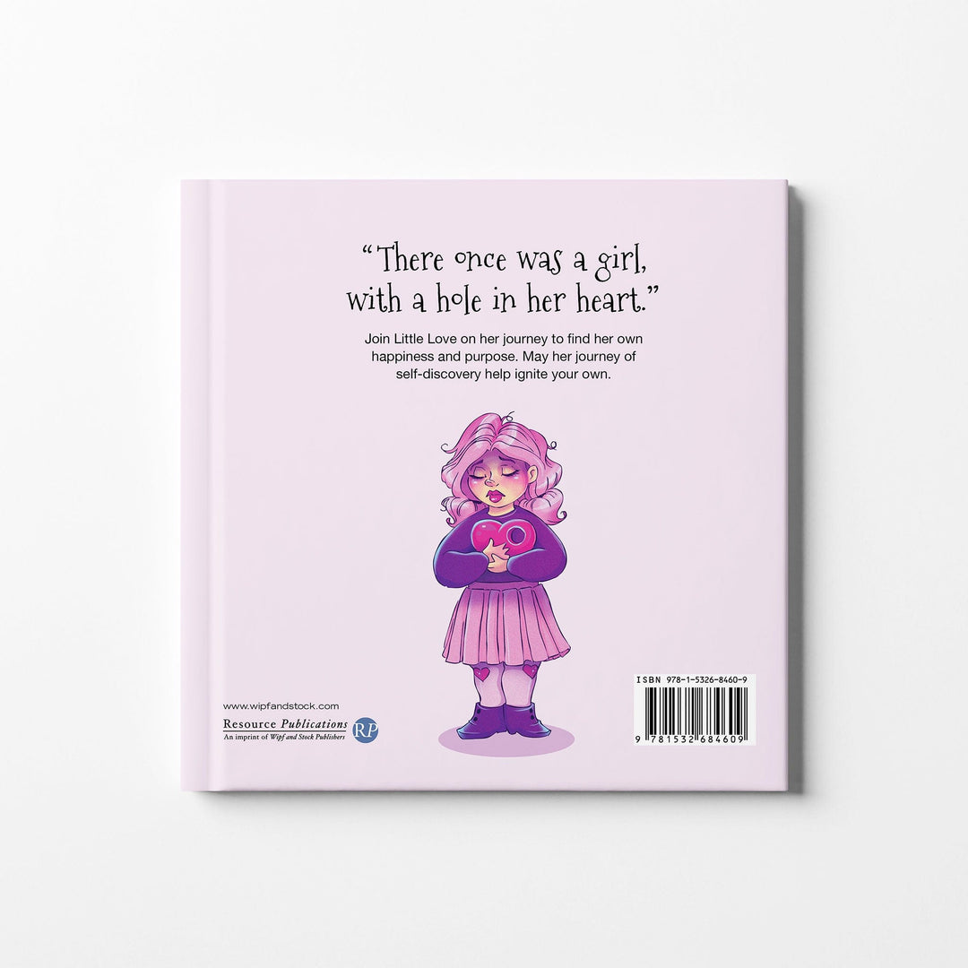Back cover of children's book Little Love with a girl holding her heart