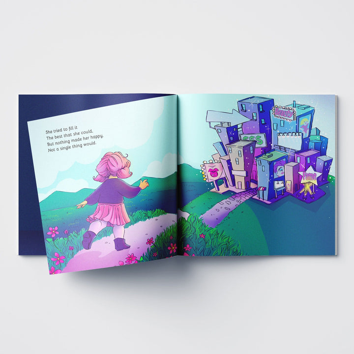 Inside spread of children's book Little Love of a girl running to the city