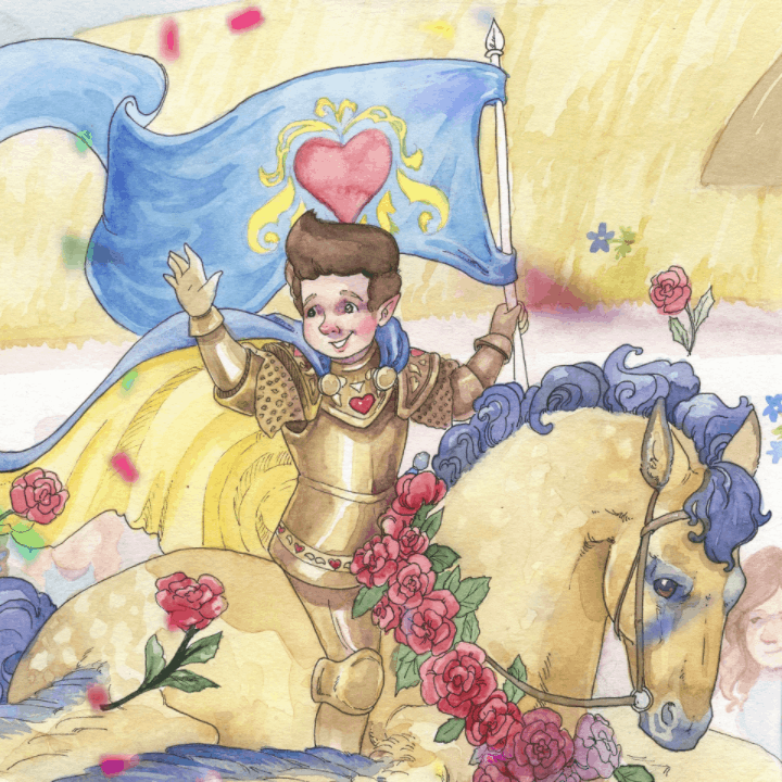 Animation of a knight Little Brave riding his horse as confetti falls