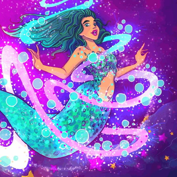 Animation of the mermaid Little Envy in swirling glitter