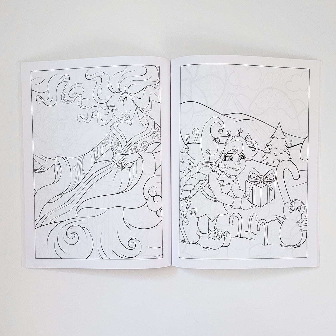 Inside spread of the coloring book with an elf and water spirit