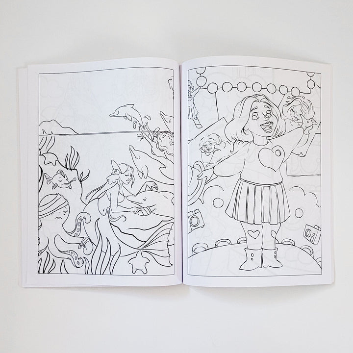 Inside spread of the coloring book with mermaids and little love